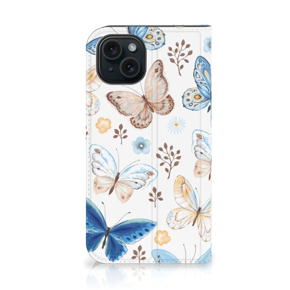 Hoesje maken voor iPhone 15 Vlinder met kleurrijke vlinders en bloemen op een witte achtergrond.