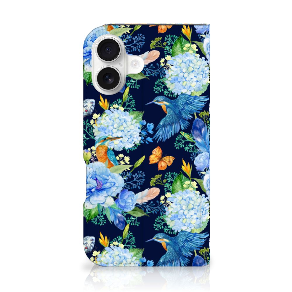Hoesje maken voor iPhone 16 IJsvogel design ijsvogel bloemen achterkant