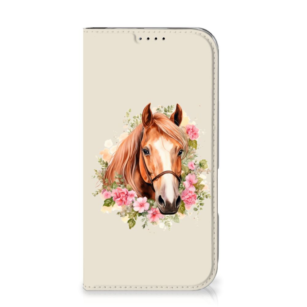 Hoesje maken voor iPhone 16 Paard telefoonhoesje paard bloemen front