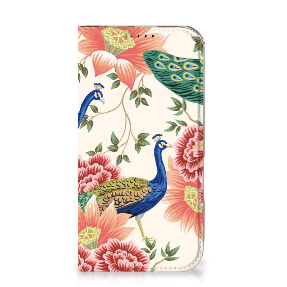 Hoesje maken voor iPhone 16 Pink Peacock hoesje Pauw met Bloemen vooraanzicht