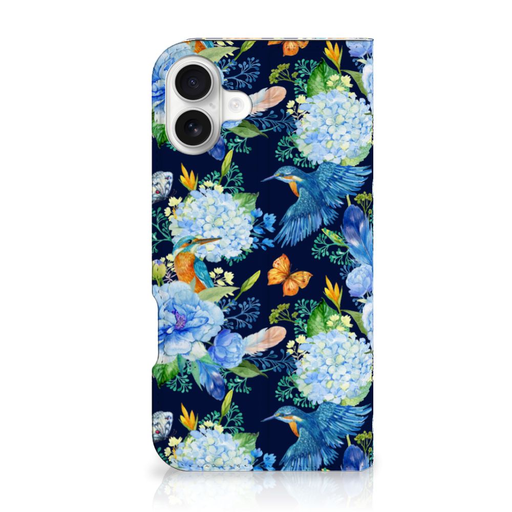 Hoesje maken voor iPhone 16 Plus IJsvogel bloemen ontwerp voorkant