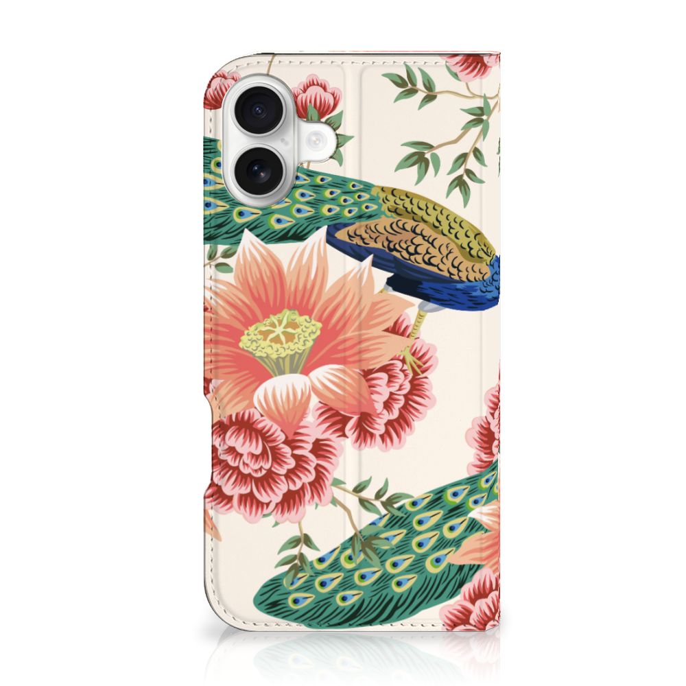 Apple iPhone 16 Plus hoesje maken Pink Peacock achterzijde met pauwen en bloemen