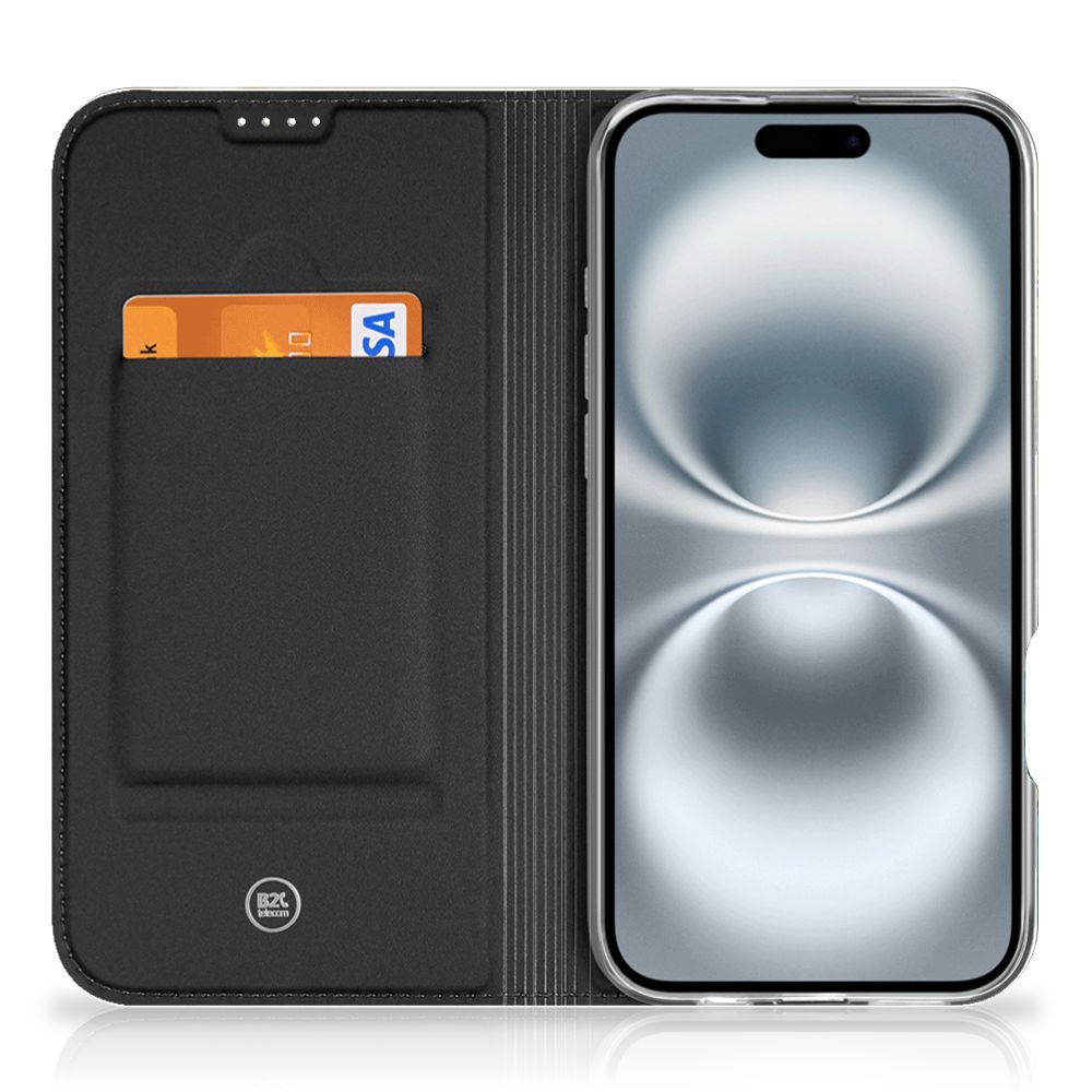 Hoesje maken voor iPhone 16 Plus Vintage Pauwen zwart voorzijde met pasjeshouder