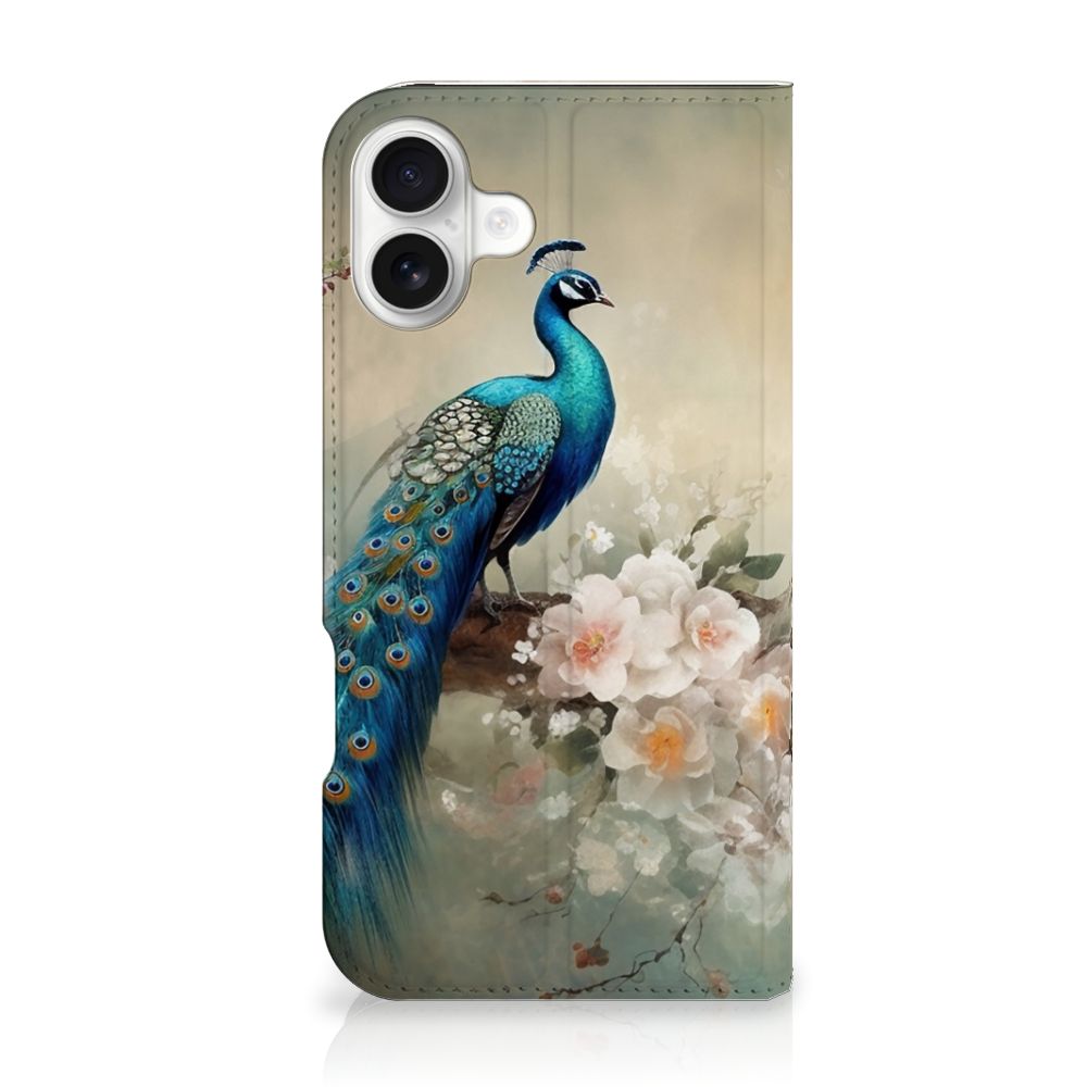 Hoesje maken voor iPhone 16 Plus Vintage Pauwen telefoonhoesje pauw met bloemen achteraanzicht