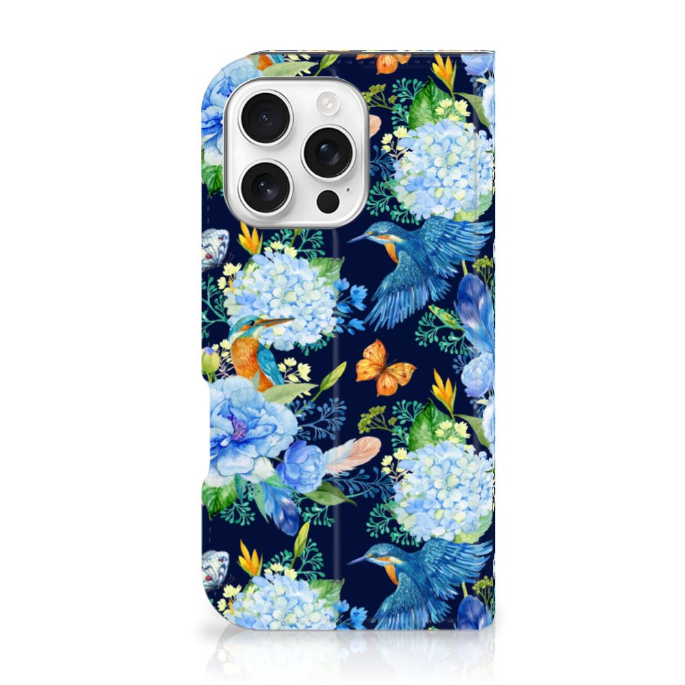 Hoesje maken voor iPhone 16 Pro IJsvogel bloemen design zijaanzicht