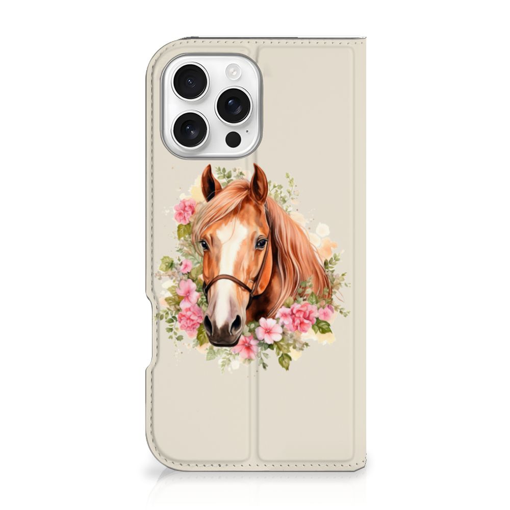 Hoesje maken voor iPhone 16 Pro Max Paard telefoonhoes met paardenhoofd bloemen ontwerp voor aanzicht
