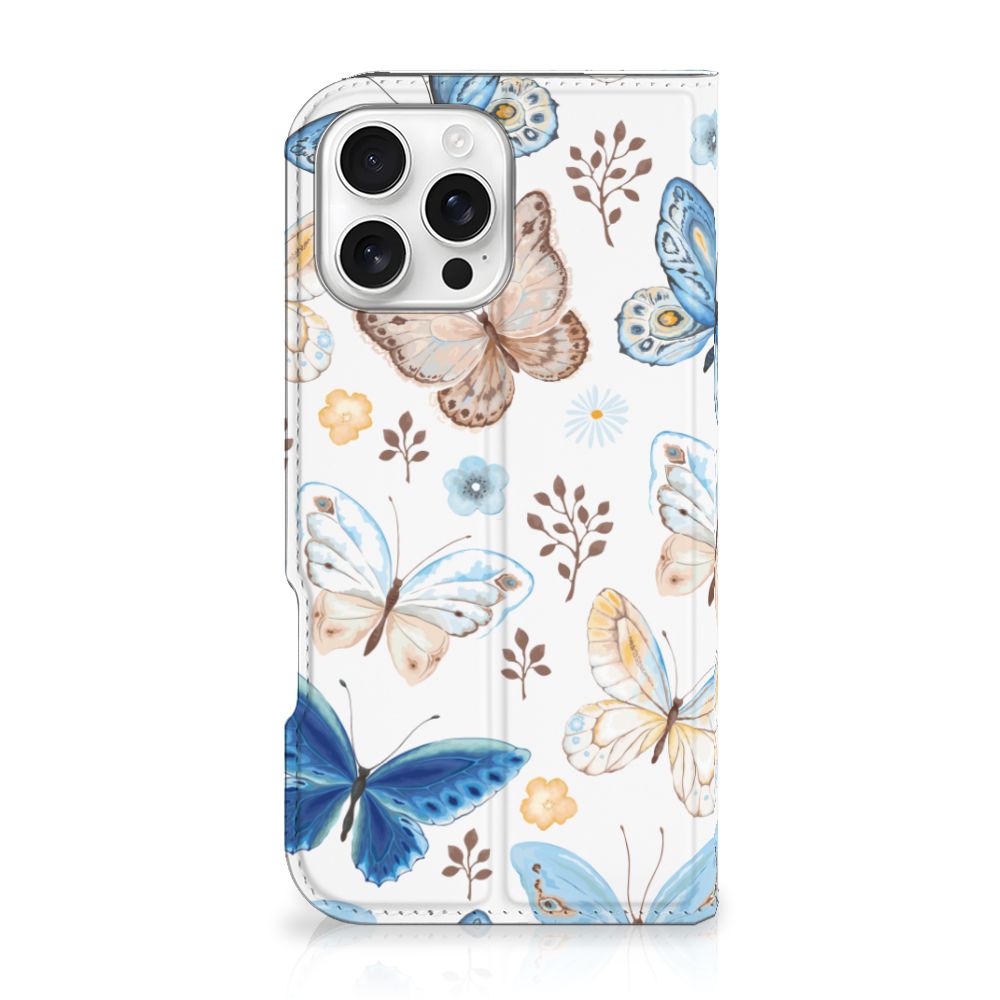 Hoesje maken voor iPhone 16 Pro Max Vlinder portefeuille design vooraanzicht
