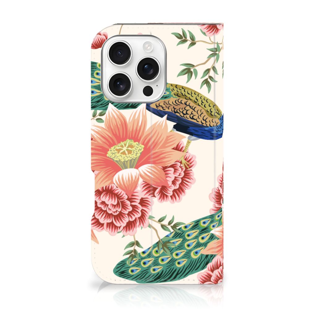 iPhone 16 Pro hoesje maken Pink Peacock bloemen voorkant