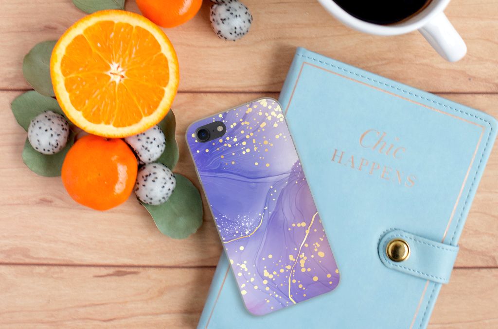 Hoesje maken voor iPhone SE 2022 | SE 2020 | 8 | 7 Watercolor Paars bovenop een notitieboek met citrusvruchten 🍊.