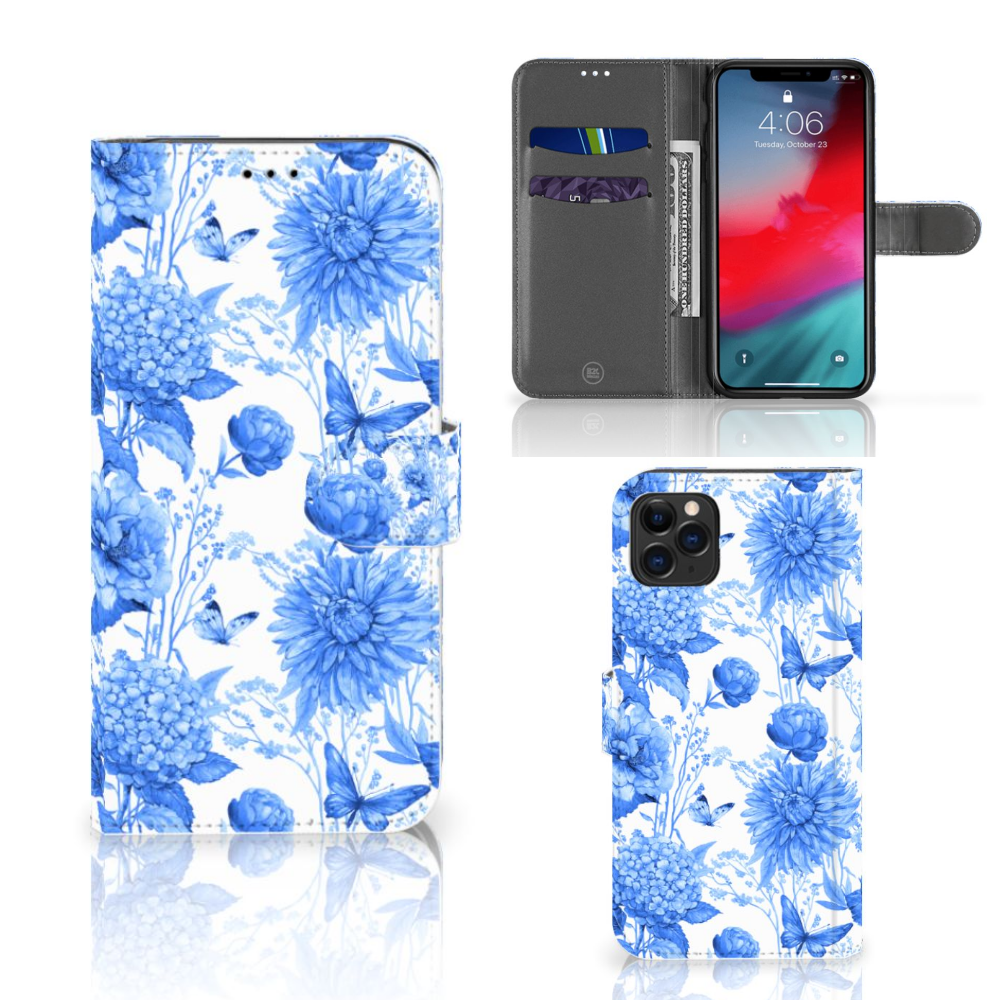 Hoesje voor Apple iPhone 11 Pro Max Flowers Blue met mooie blauwe bloemen en pasjeshouder. 🌸