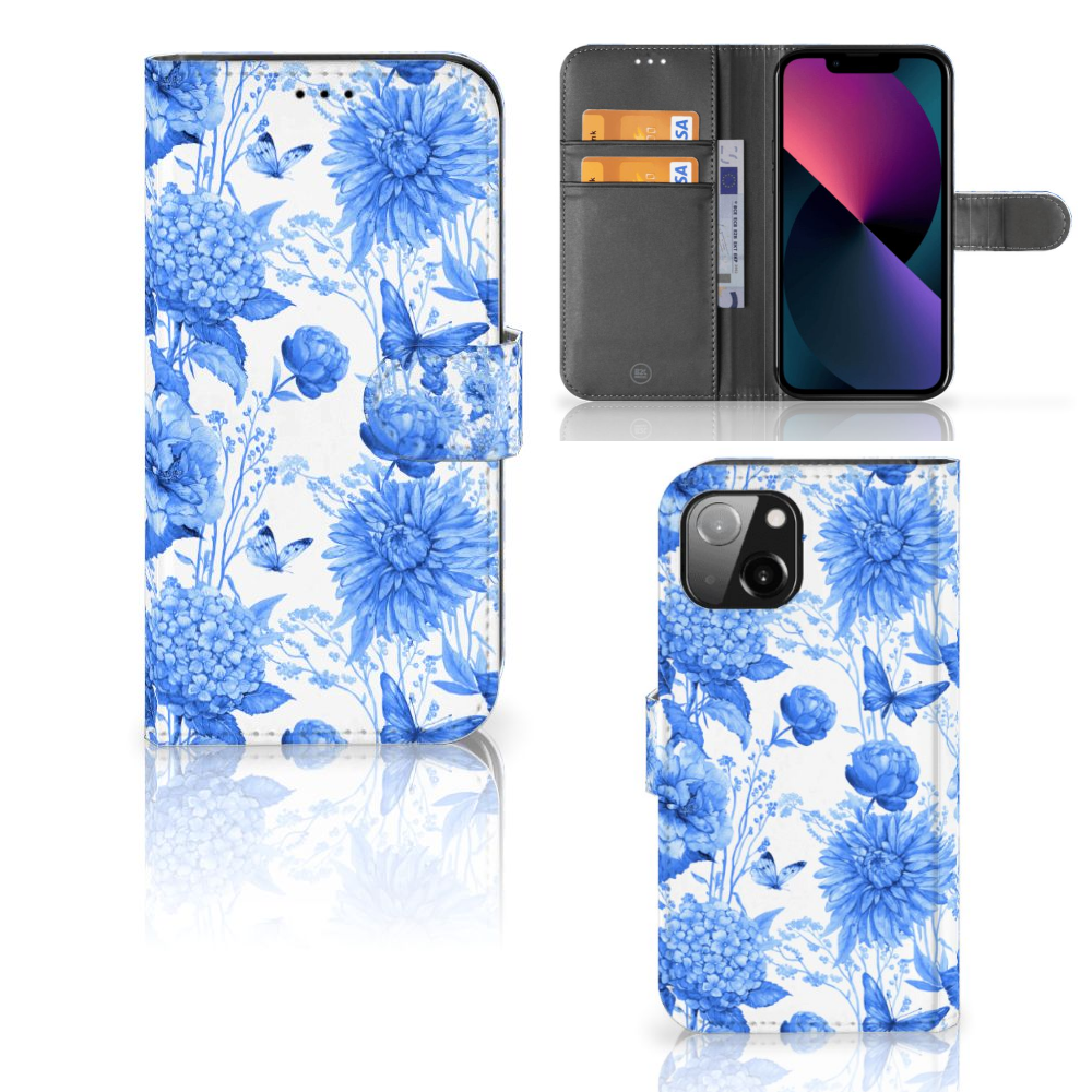 Hoesje voor Apple iPhone 13 Flowers Blue met prachtige blauwe bloemen en ruimte voor drie pasjes.