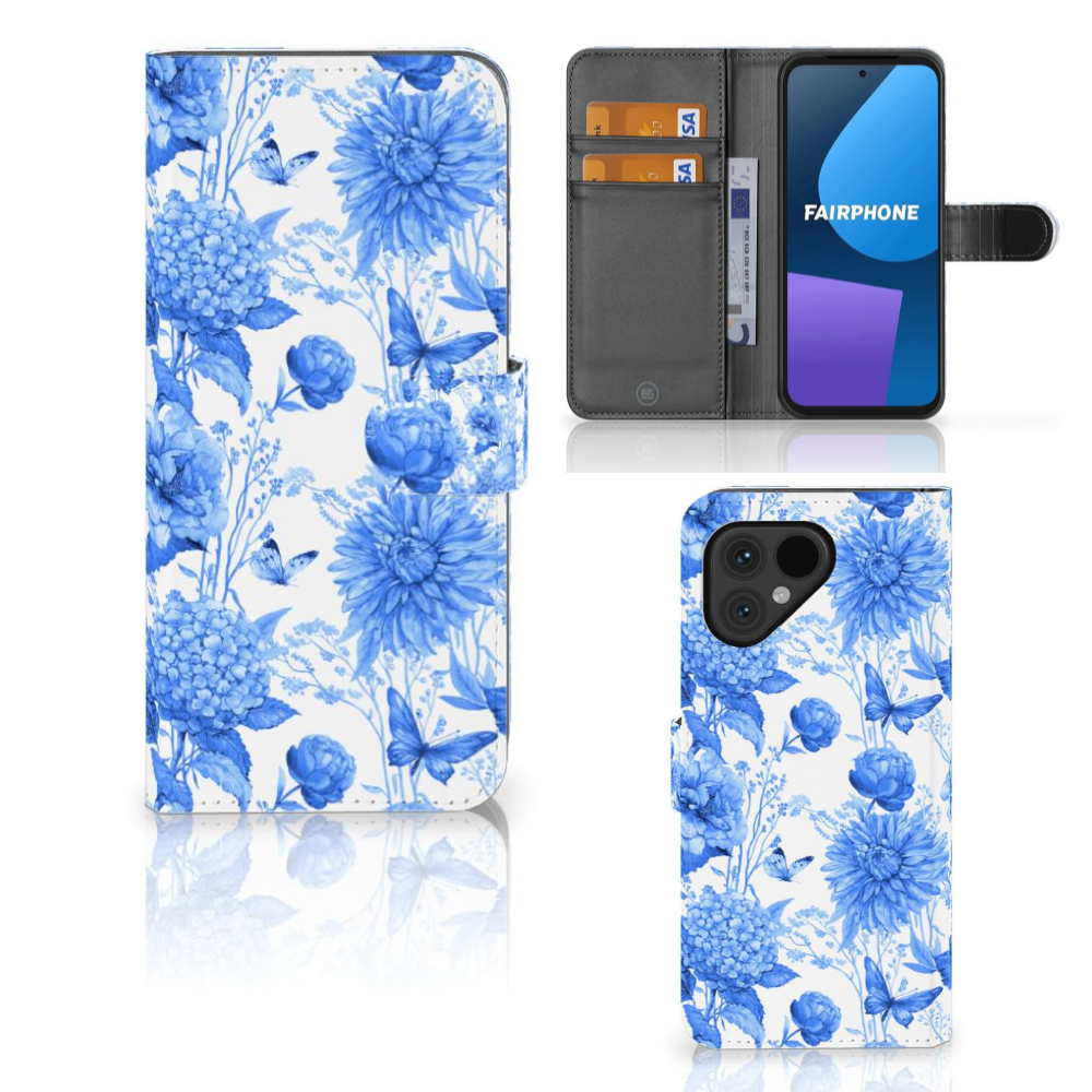 Fairphone 5 hoesje voor Fairphone 5 Flowers Blue design bloemen aanzicht