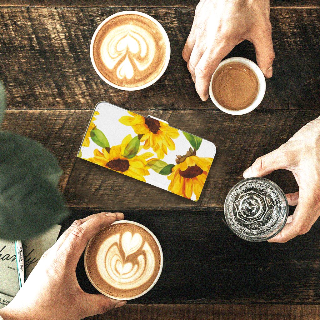 Fairphone 5 Hoesje voor Fairphone 5 Zonnebloemen bovenaanzicht koffie en zonnebloemen