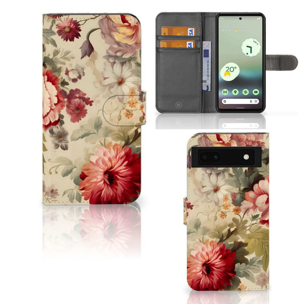 Hoesje voor Google Pixel 6A Bloemen met handige pasjeshouder en romantische bloemenprint 🌸.