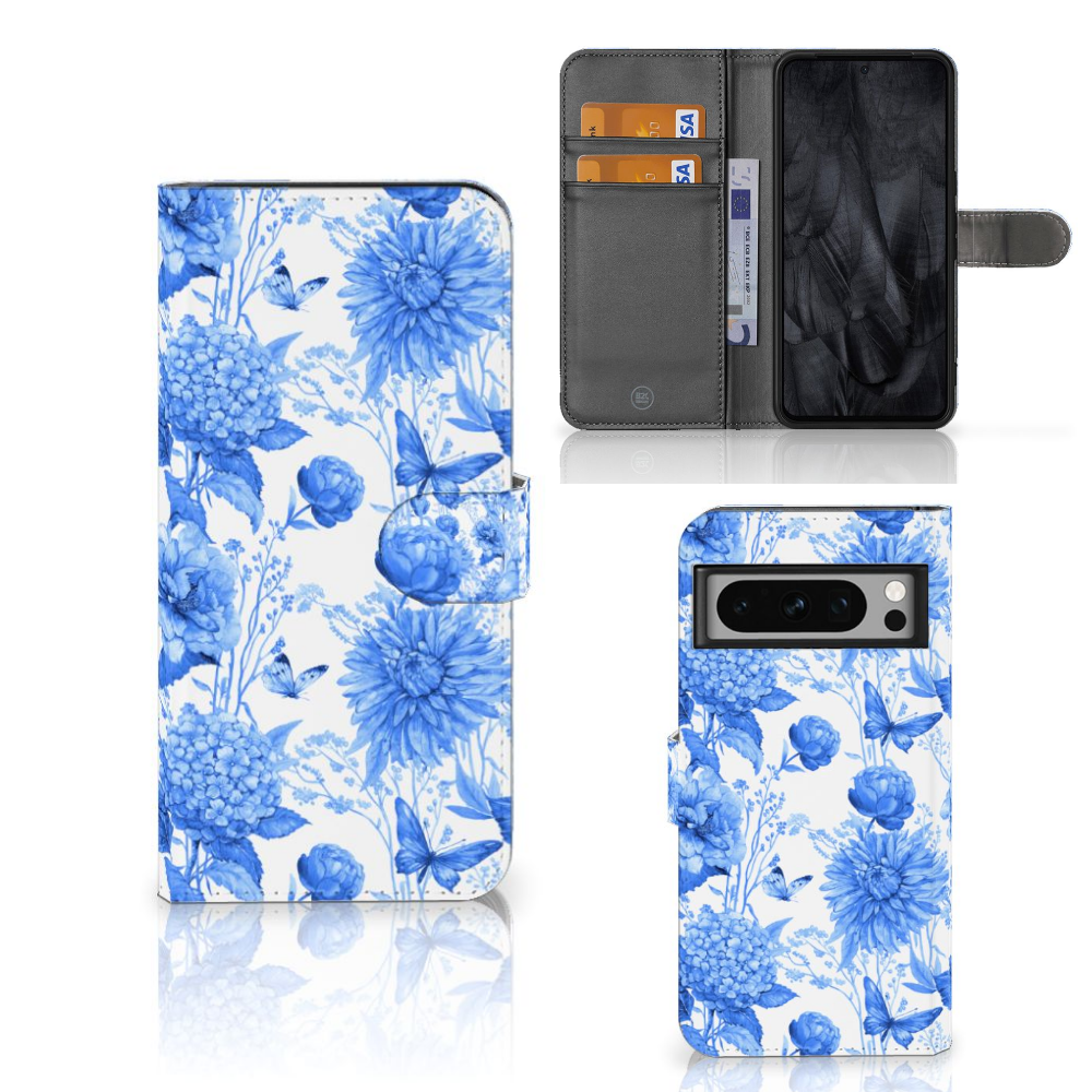Google Pixel 8 Pro hoesje voor Google Pixel 8 Pro Flowers Blue bloemen voorzijde achterzijde binnenkant