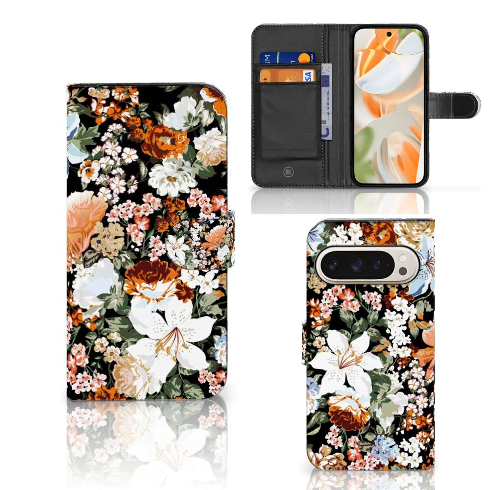 Hoesje voor Google Pixel 9 | 9 Pro Dark Flowers hoesje bloemen voorzijde achterzijde