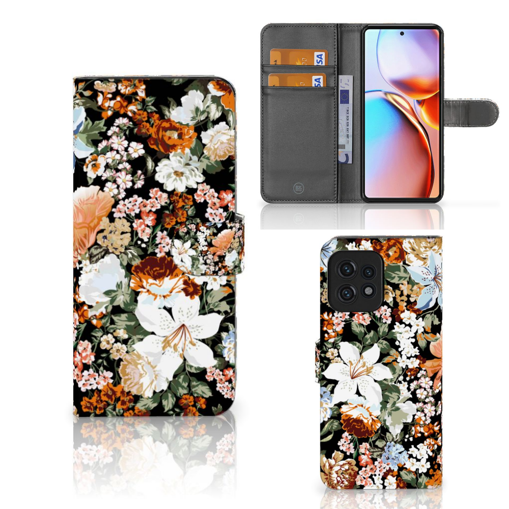 Hoesje voor Motorola Edge 40 Pro Dark Flowers boek ontwerp voorkant achterkant toegankelijkheid