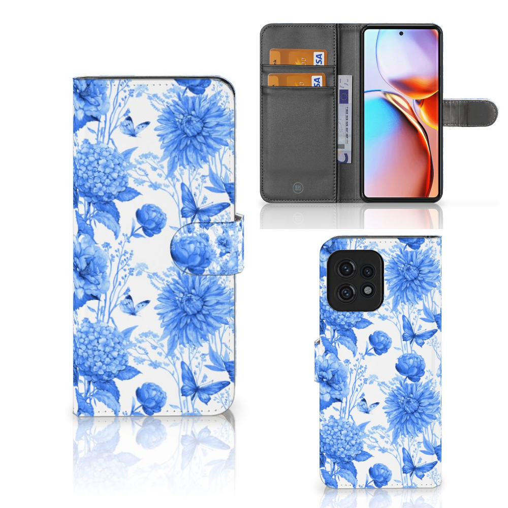 Motorola Edge 40 Pro hoesje Flowers Blue voorkant achterkant binnenkant