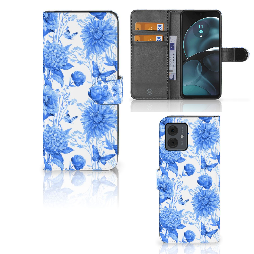 Hoesje voor Motorola Moto G14 Flowers Blue telefoonhoesje bloemen design vooraanzicht