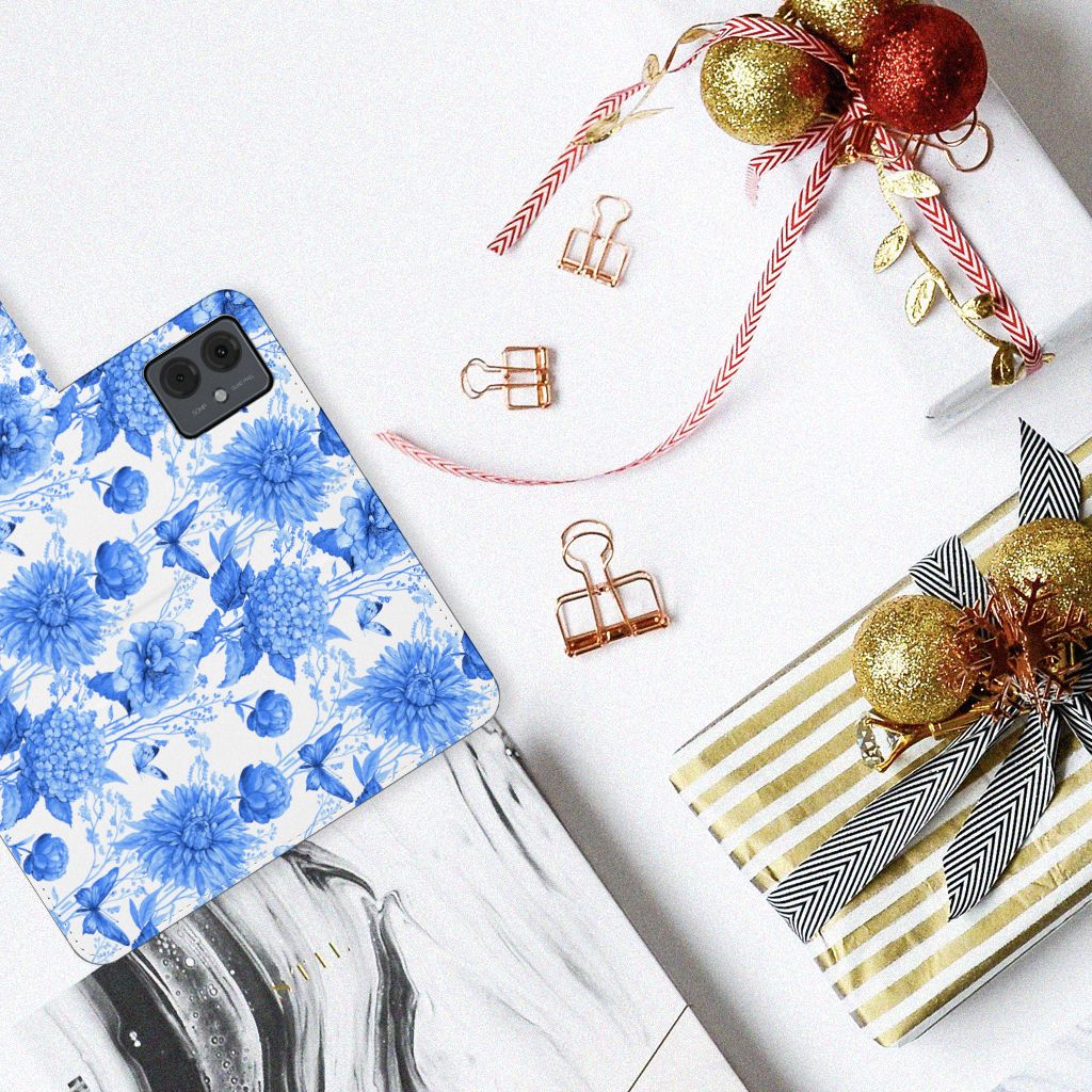 Hoesje voor Motorola Moto G14 Flowers Blue design blauw bloemen bovenaanzicht
