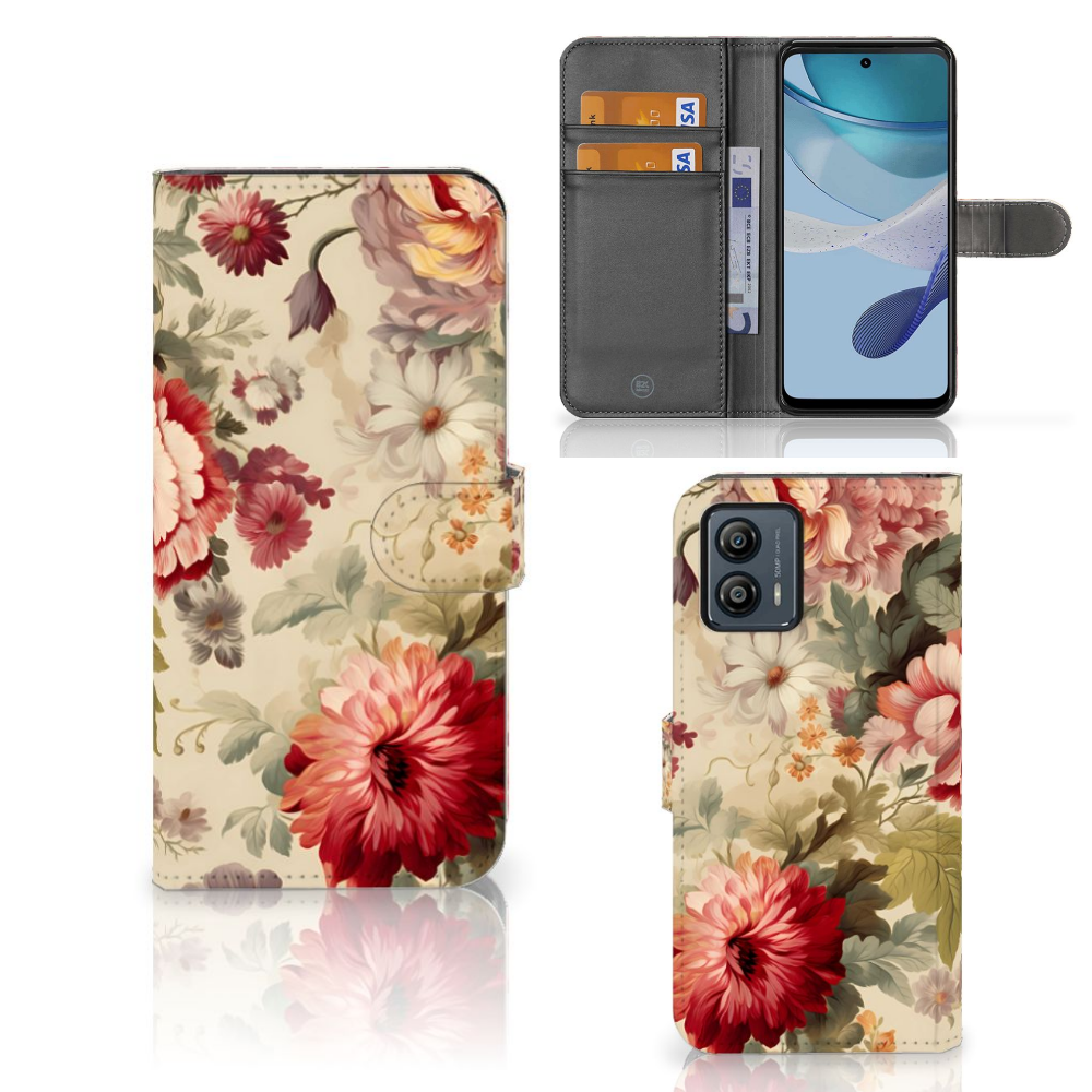 Motorola Moto G53 Hoesje voor Motorola Moto G53 Bloemen aanzicht voorzijde achterzijde binnenzijde
