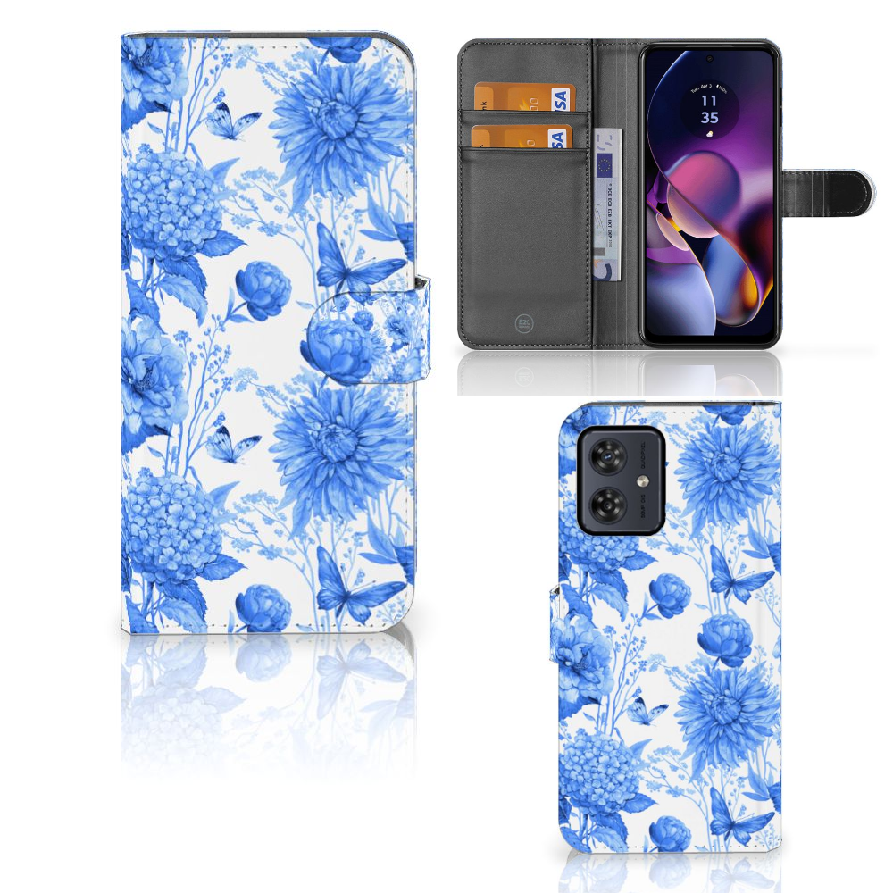 Motorola Moto G54 hoesje Flowers Blue design bloemen aanzicht