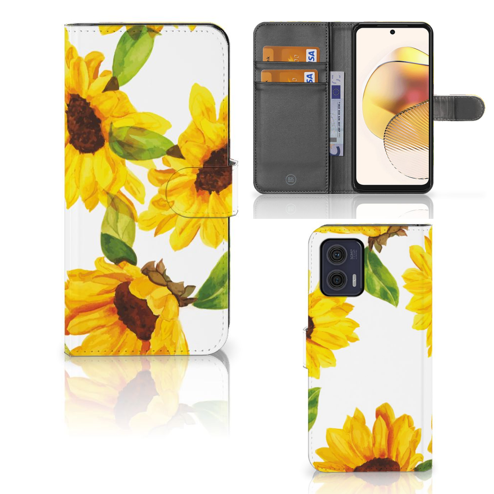 Motorola Moto G73 hoesje zonnebloemen voorkant binnenkant zijaanzicht
