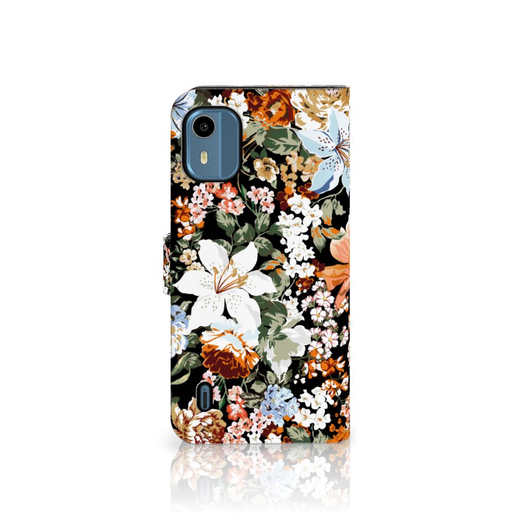 Nokia C12 hoesje Dark Flowers design achterkant