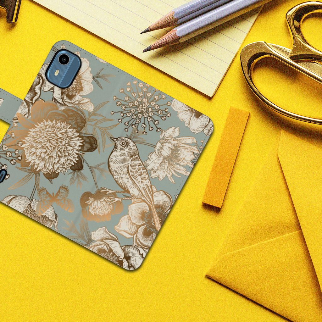 Nokia C12 hoesje Vintage Bird Flowers bovenkant
