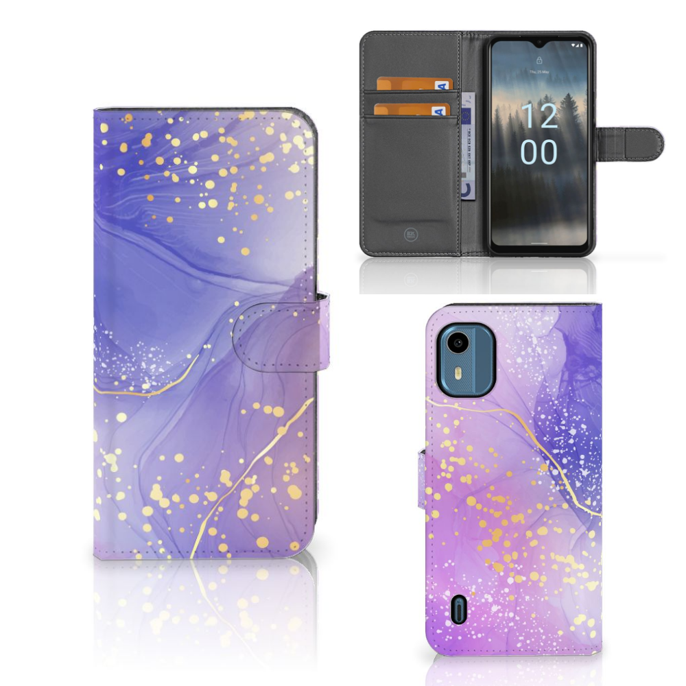 Nokia C12 hoesje Watercolor Paars design voorzijde zijkant
