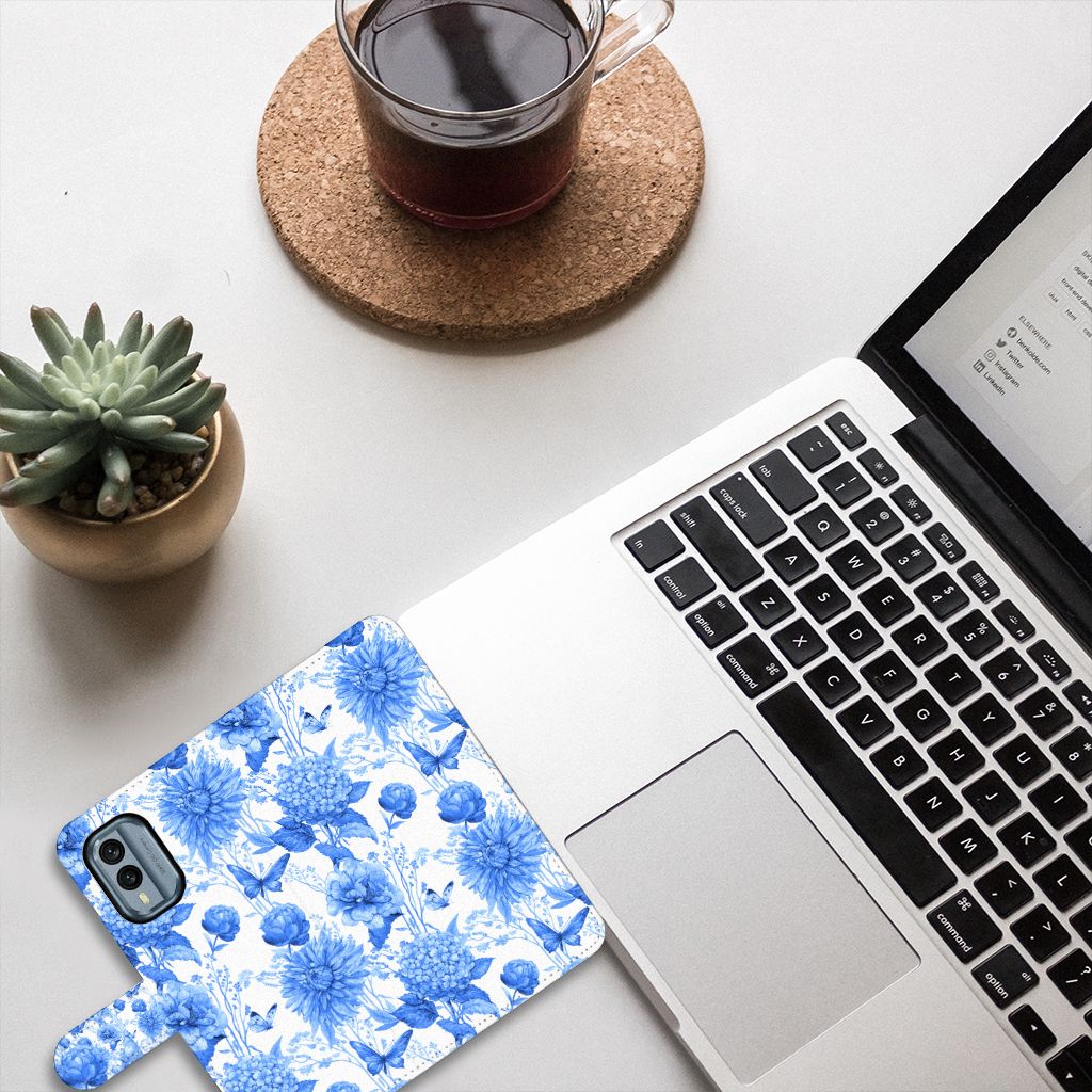 Hoesje voor Nokia X30 Flowers Blue bloemen design bovenaanzicht