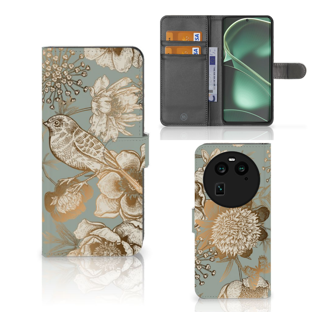 OPPO Find X6 hoesje voor OPPO Find X6 Vintage Bird Flowers voorzijde achterzijde binnenzijde