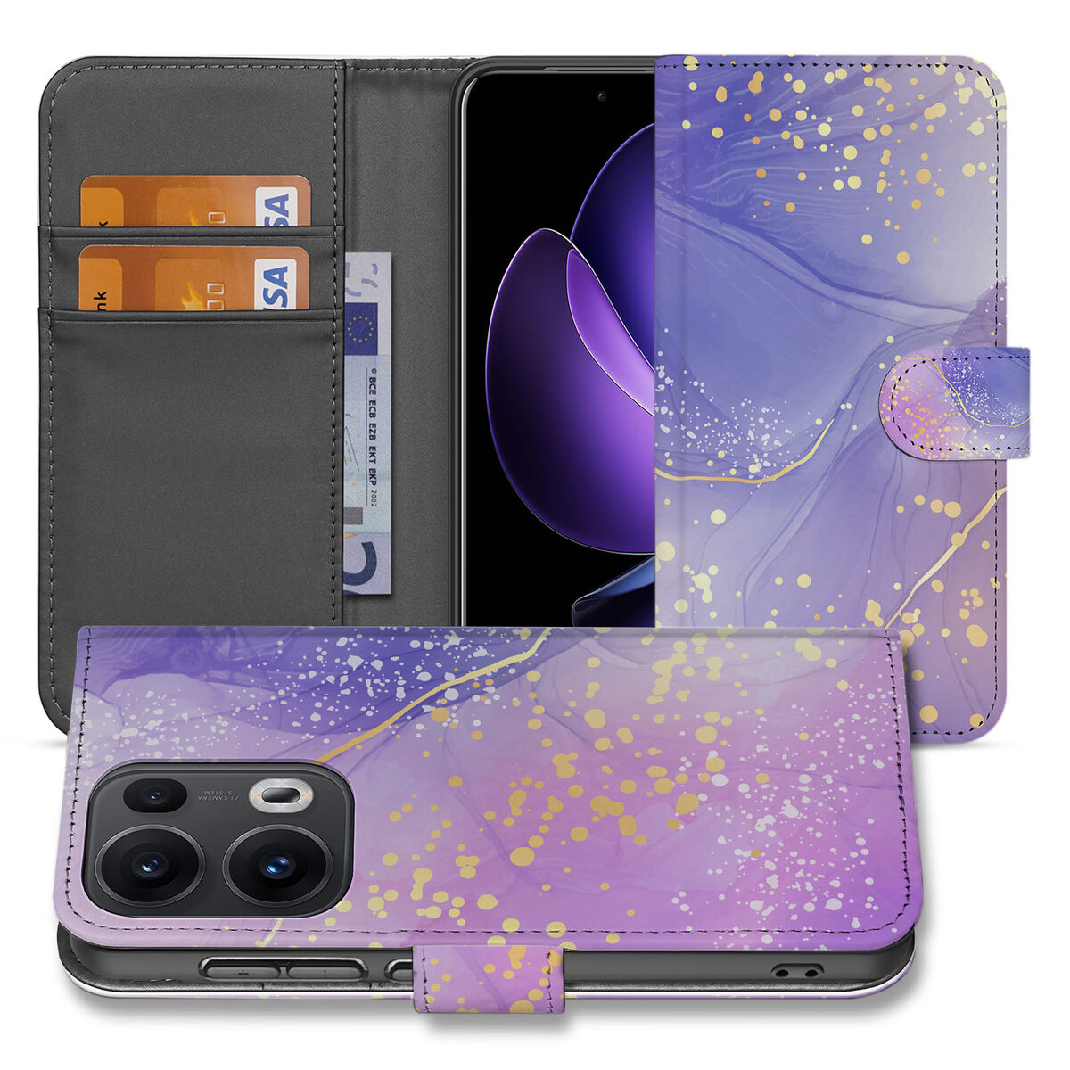 Hoesje voor OPPO Reno 13 Pro Watercolor Paars folio design voorkant achterkant