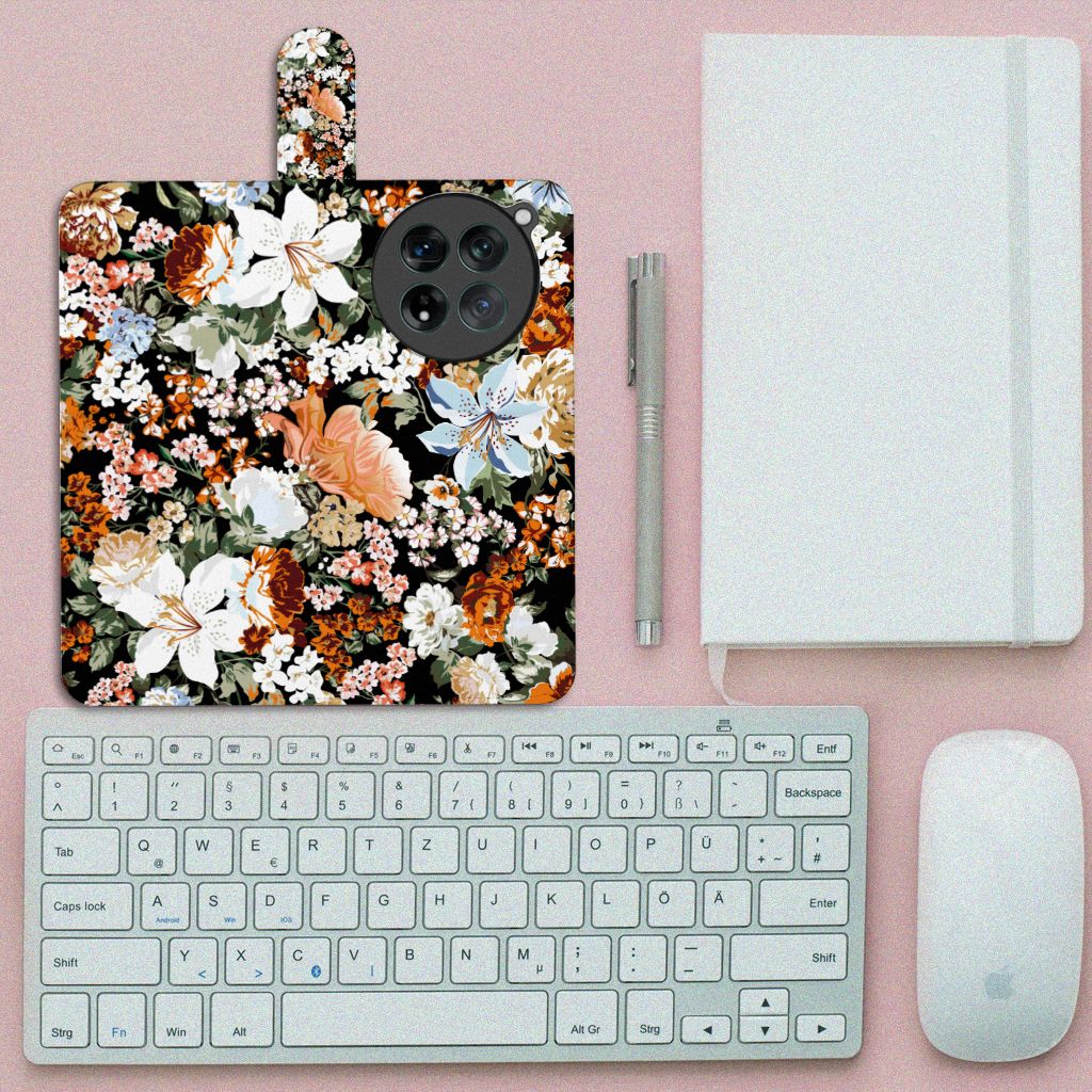 OnePlus 12 hoesje voor OnePlus 12 Dark Flowers design bovenaanzicht
