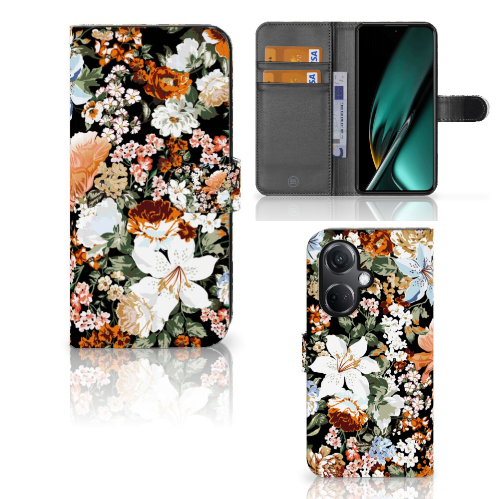 OnePlus Nord CE 3 hoesje Dark Flowers bloemen design voorkant zijkant