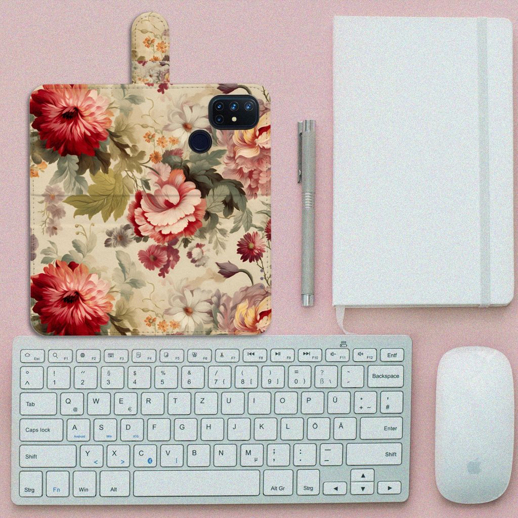 Hoesje voor OnePlus Nord N10 Bloemen op een bureau met toetsenbord en notitieboek.