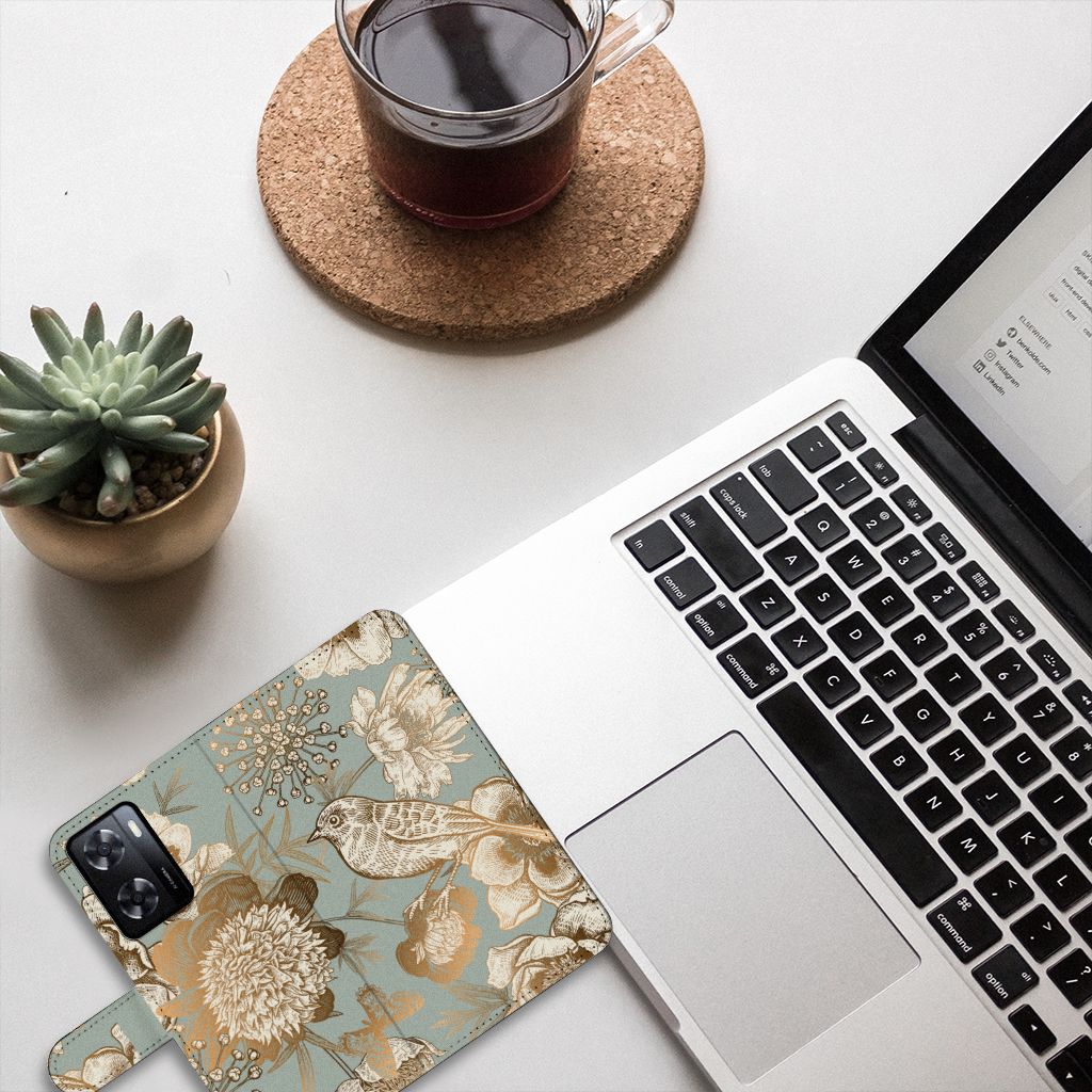 Hoesje voor PPO A57 | A57s | A77 4G Vintage Bird Flowers design laptop aanzicht