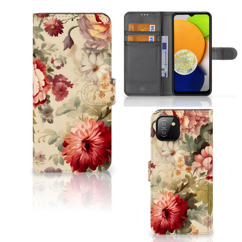 Hoesje voor Samsung Galaxy A03 Bloemen met bloemenprint, geschikt voor drie pasjes, ideaal als cadeau 🌸.