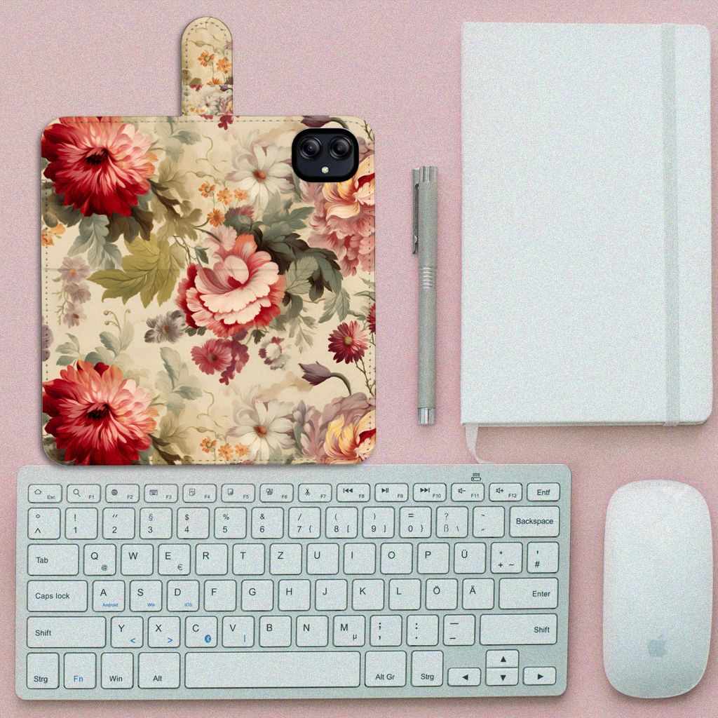 Samsung Galaxy A04e Hoesje bloemen bovenaanzicht bloemen toetsenbord notitieboek