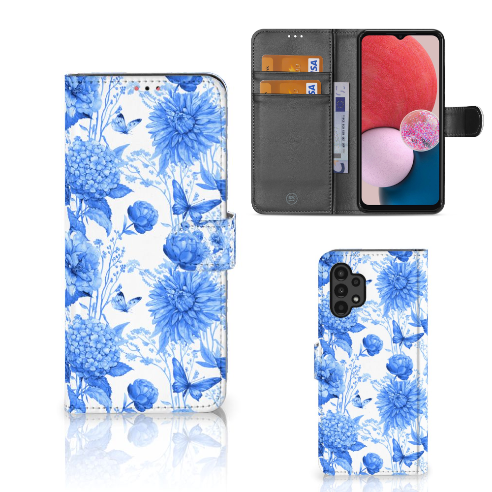 Samsung Galaxy A13 (4G) Hoesje voor Samsung Galaxy A13 (4G) Flowers Blue design voorzijde aanzicht