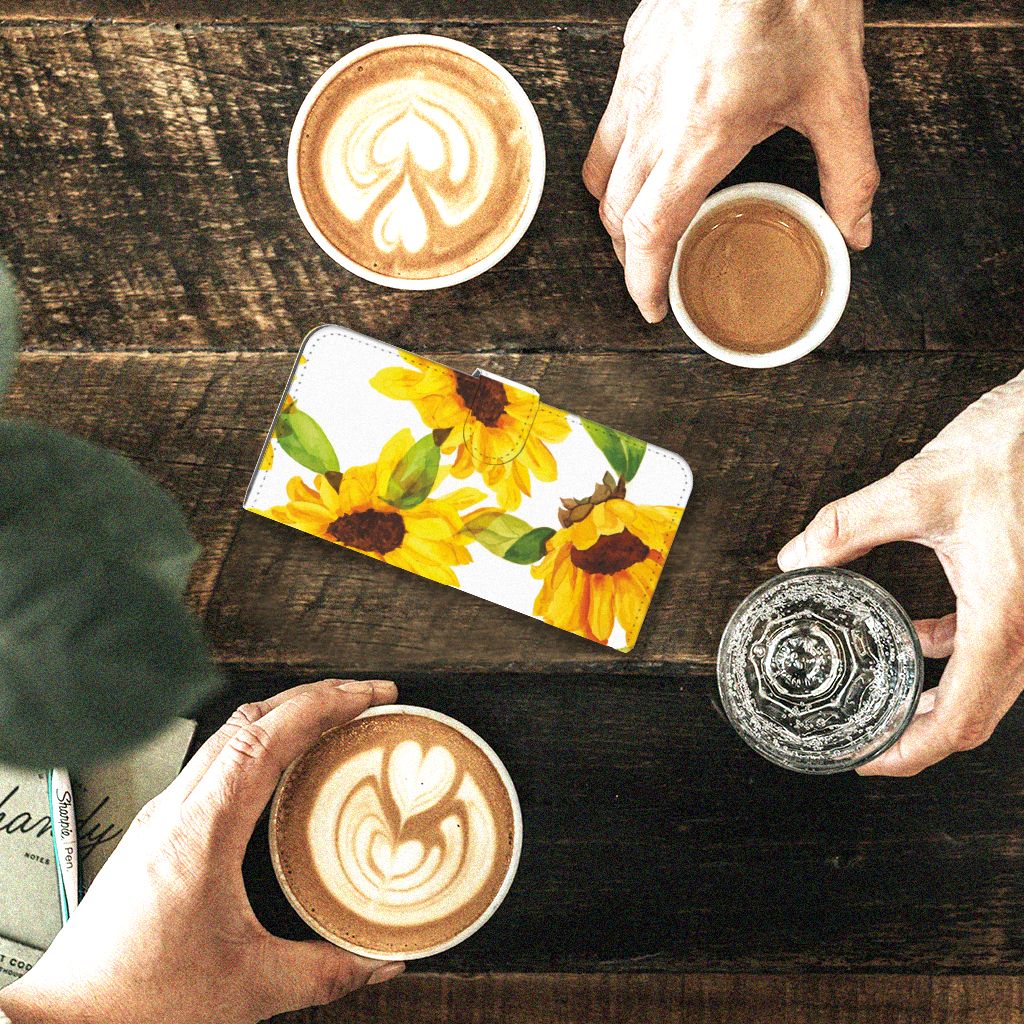 Samsung Galaxy A24 4G hoesje Zonnebloemen bovenaanzicht koffie