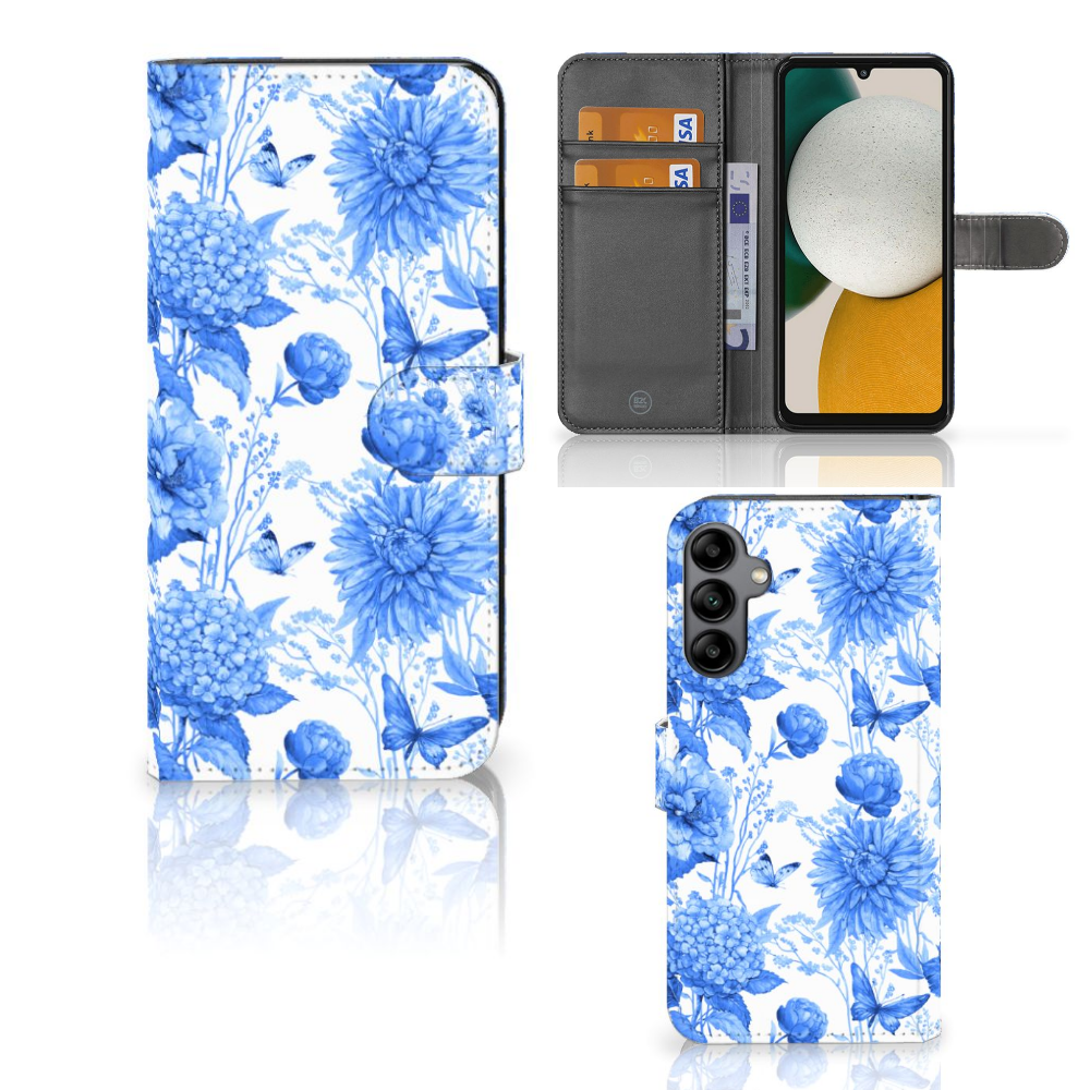 Samsung Galaxy A34 Hoesje Flowers Blue voorkant binnenkant achterkant