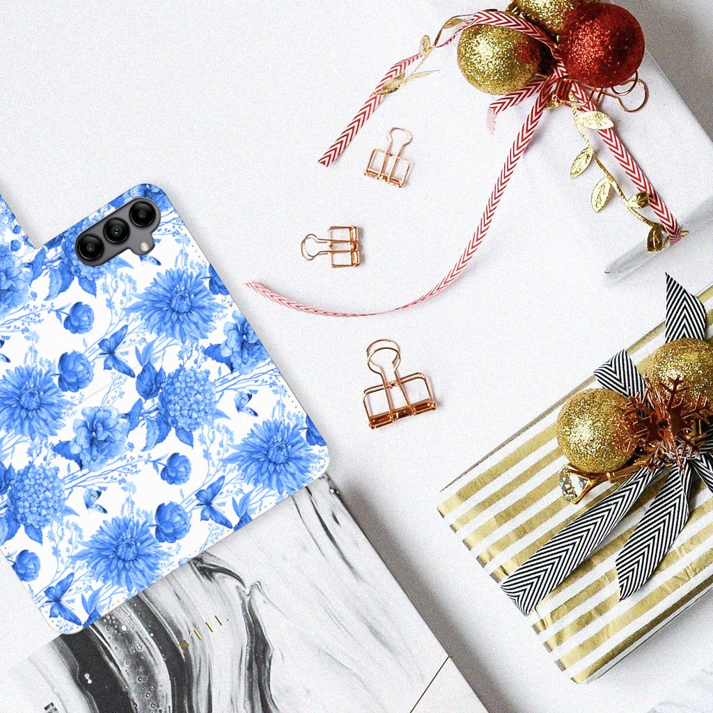 Samsung Galaxy A34 hoesje Flowers Blue bovenaanzicht bloemen