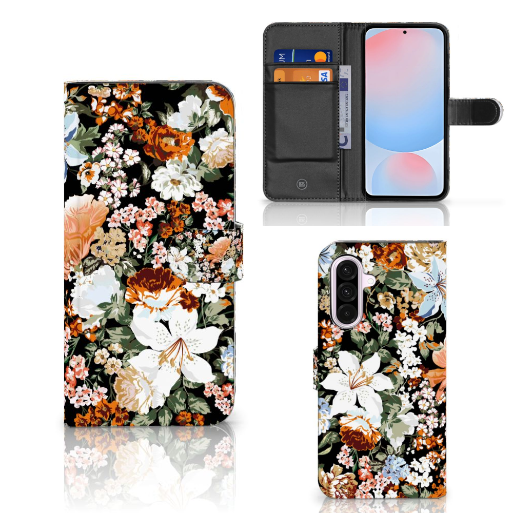 Samsung Galaxy A56 Hoesje Dark Flowers voorkant achterkant binnenzijde