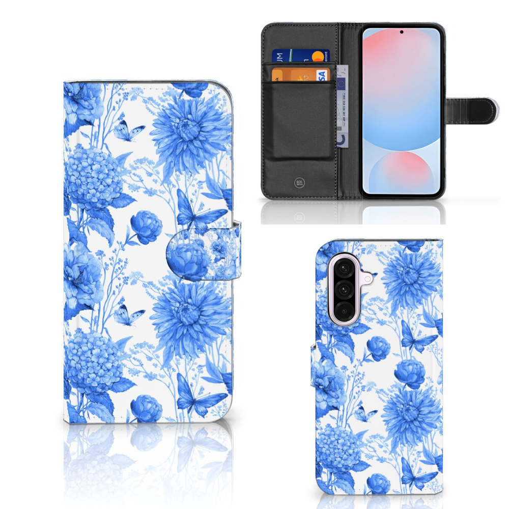 Samsung Galaxy A56 hoesje Flowers Blue vooraanzicht zijkant binnenkant
