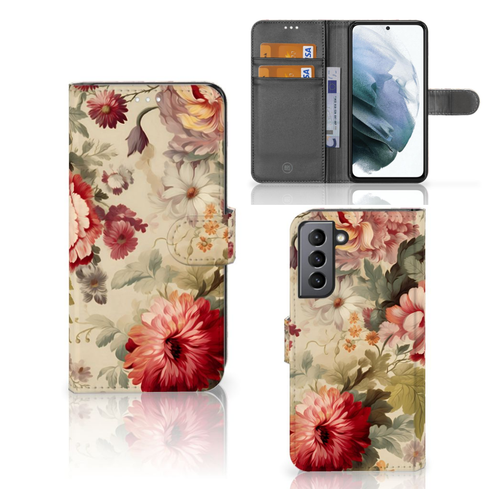 Samsung Galaxy S21 FE Hoesje voor Samsung Galaxy S21 FE Bloemen bloemen design voorkant zij aanzicht
