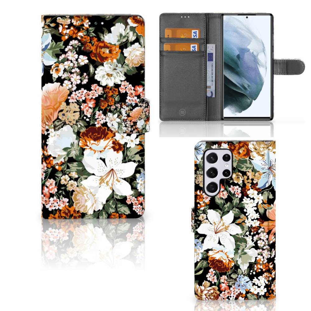 Samsung Galaxy S22 Ultra Hoesje voor Samsung Galaxy S22 Ultra Dark Flowers voorkant achterkant binnenzijde