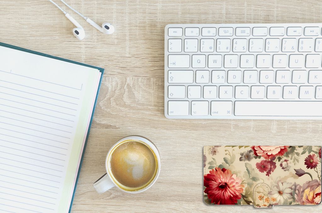 Samsung Galaxy S23 Ultra Bloemen hoesje bovenaanzicht toetsenbord notitieboekje kopje koffie