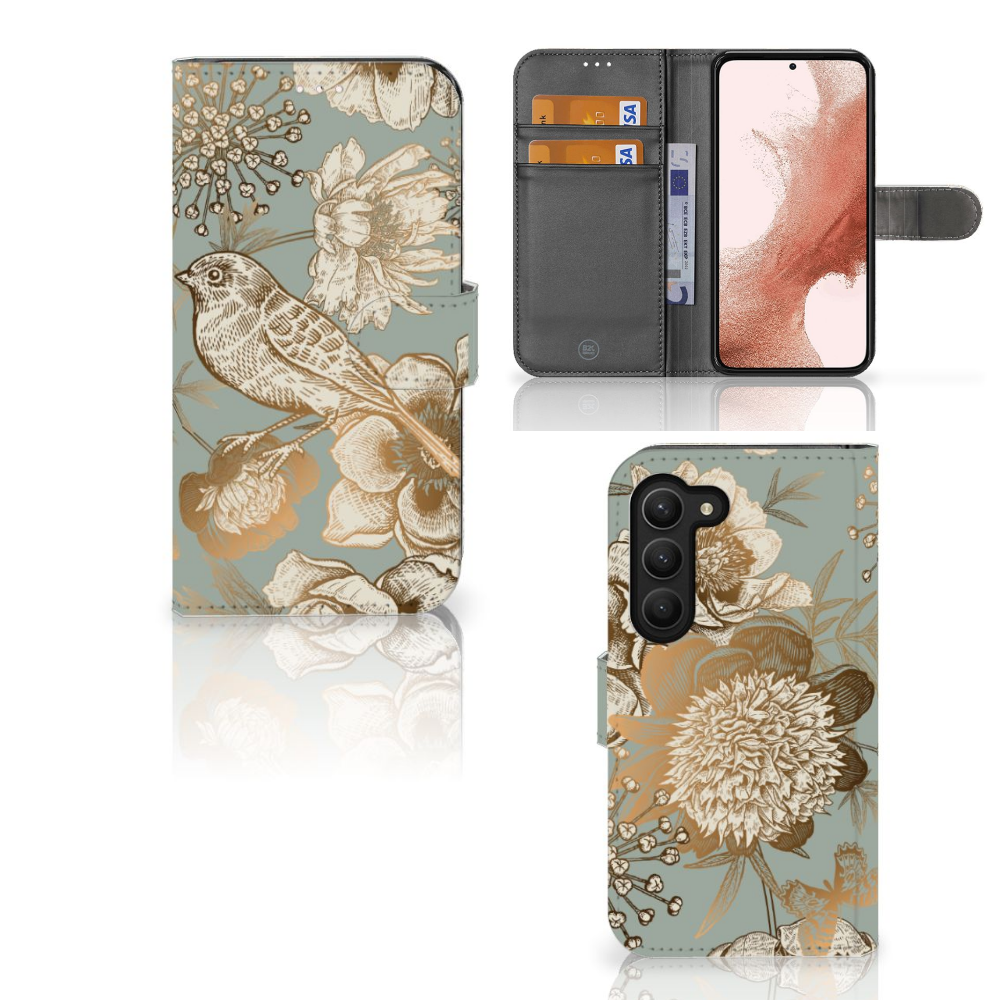 Samsung Galaxy S23 hoesje voor Samsung Galaxy S23 Vintage Bird Flowers voorkant achterkant binnenkant