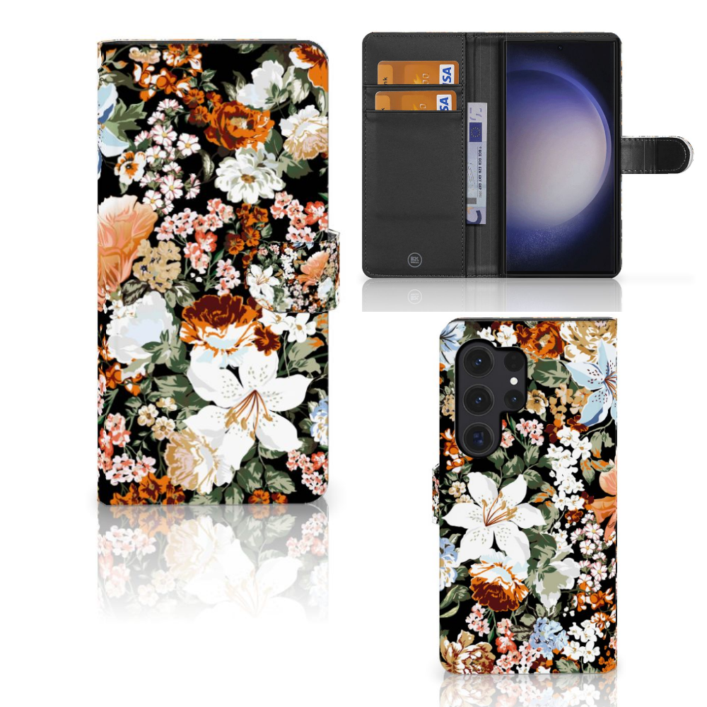 Samsung Galaxy S24 Ultra Hoesje Dark Flowers voorkant achterkant